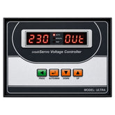 Angled view of PEQVI IntelliServo ULTRA servo voltage controller featuring dual display and navigation buttons
