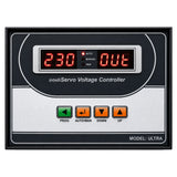 Angled view of PEQVI IntelliServo ULTRA servo voltage controller featuring dual display and navigation buttons