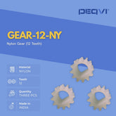 Nylon gear with 12 teeth on a blue background, featuring product details.