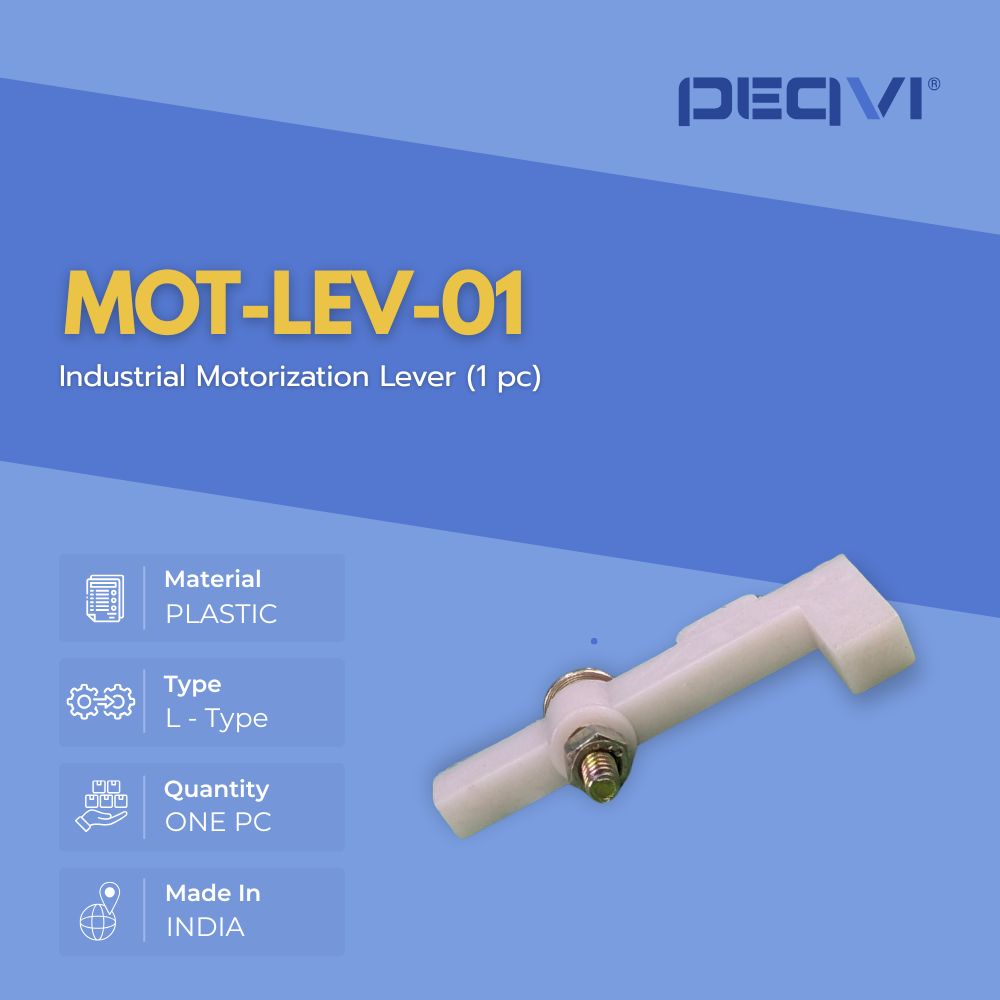 MOT-LEVER industrial motorization lever on a blue background with product details.