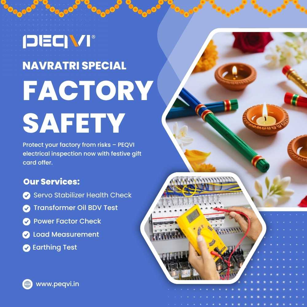 Advertisement for PEQVI electrical inspection services with text and images of a hand testing electrical equipment and Diwali decorations.