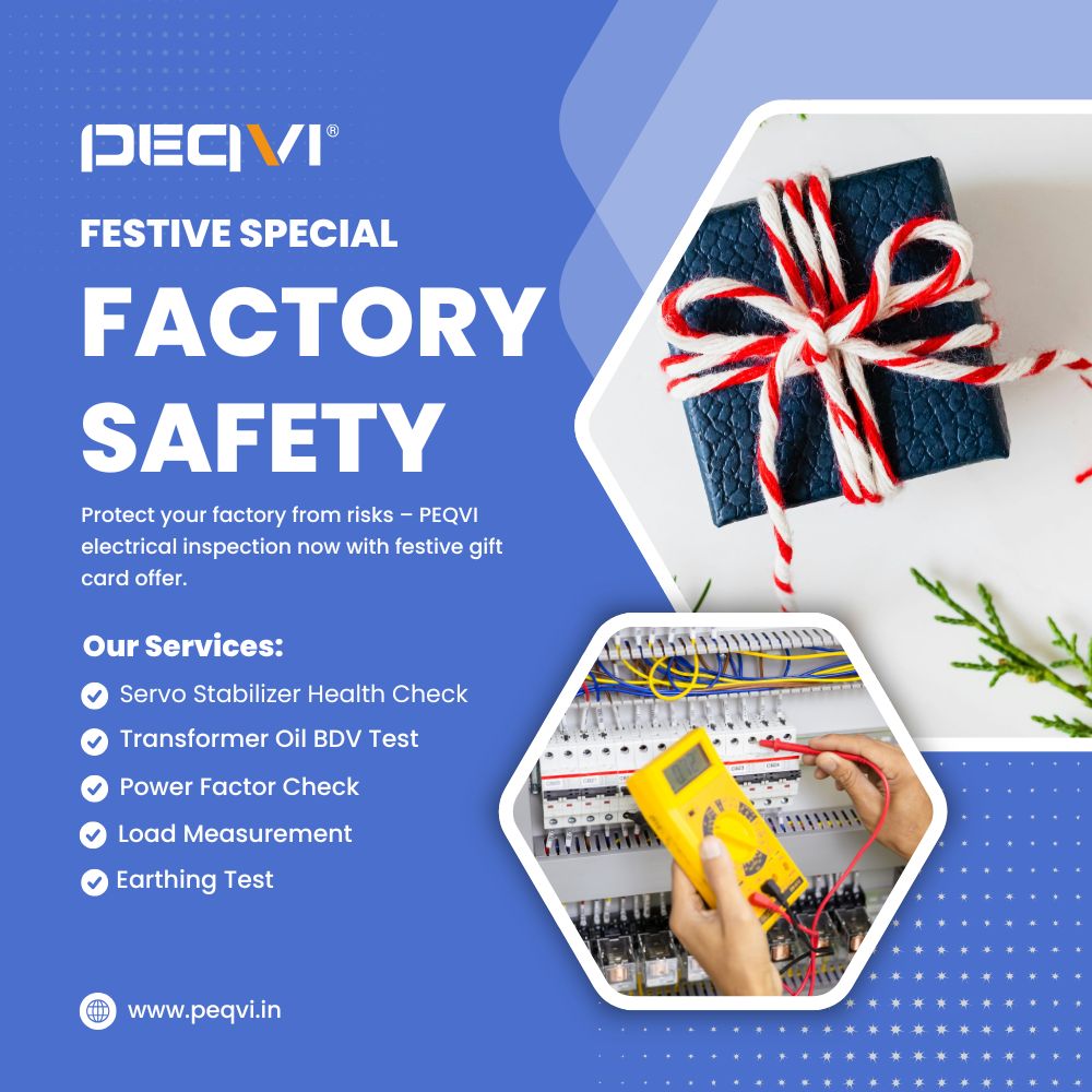 Advertisement for PEQVI electrical inspection services with text and images of a hand testing electrical equipment and Diwali decorations.