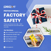 Advertisement for PEQVI electrical inspection services with text and images of a hand testing electrical equipment and Diwali decorations.