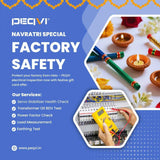 Advertisement for PEQVI electrical inspection services with text and images of a hand testing electrical equipment and Diwali decorations.