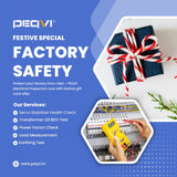Advertisement for PEQVI electrical inspection services with text and images of a hand testing electrical equipment and Diwali decorations.