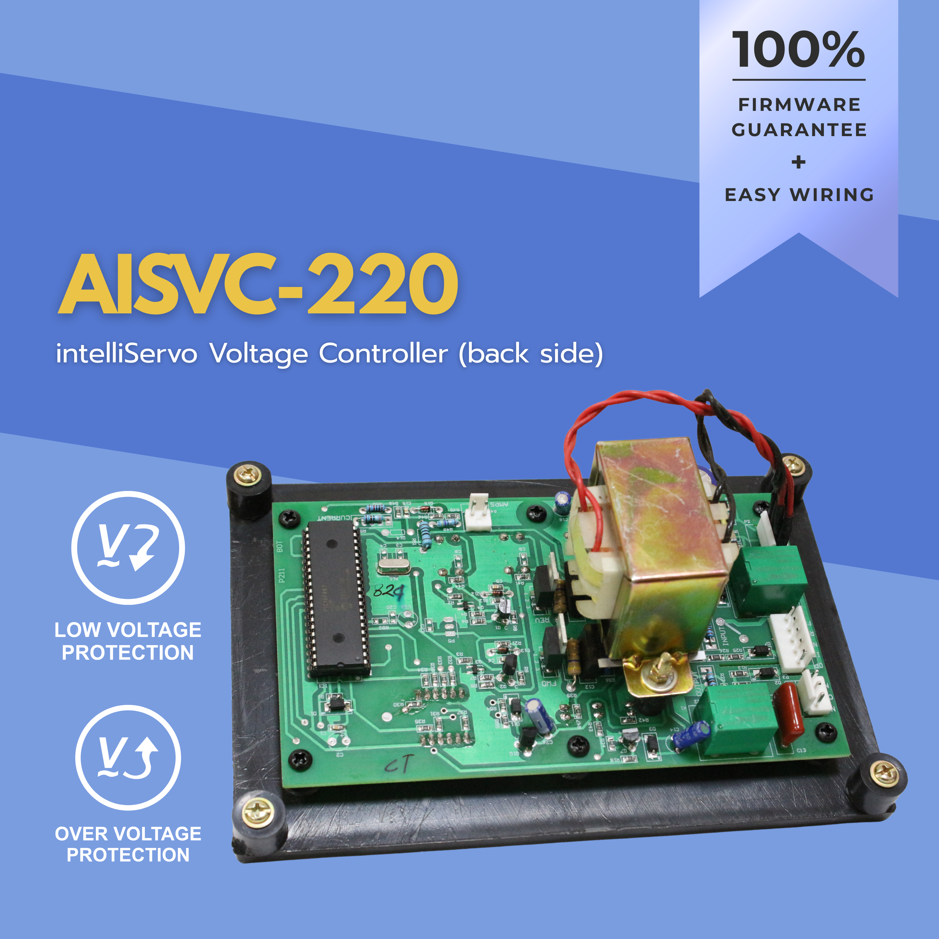 AISVC-220 intelliServo Voltage Controller on a blue background with features highlighted.