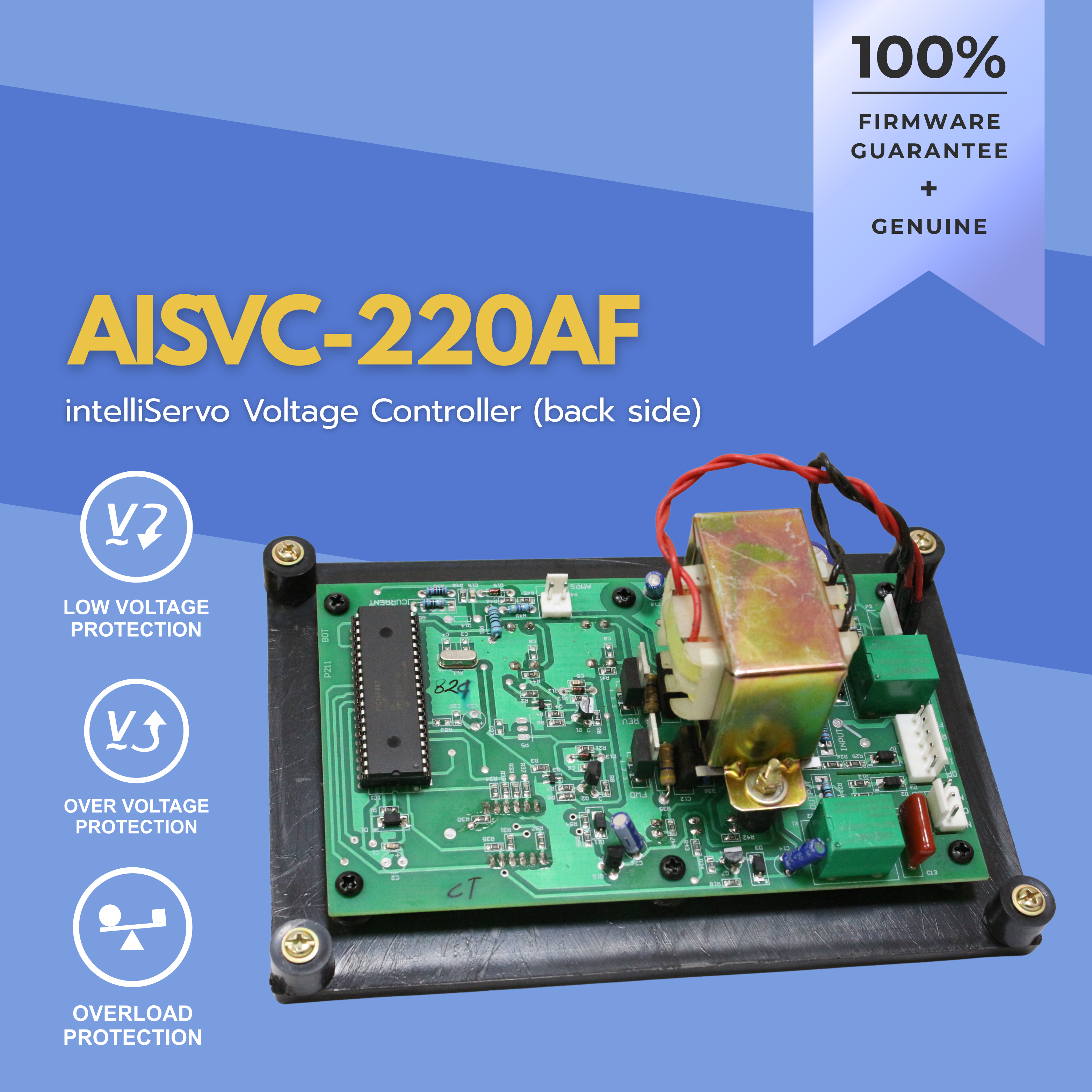 AISVC-220AF intelliServo Voltage Controller on a blue background with text about features and guarantees.