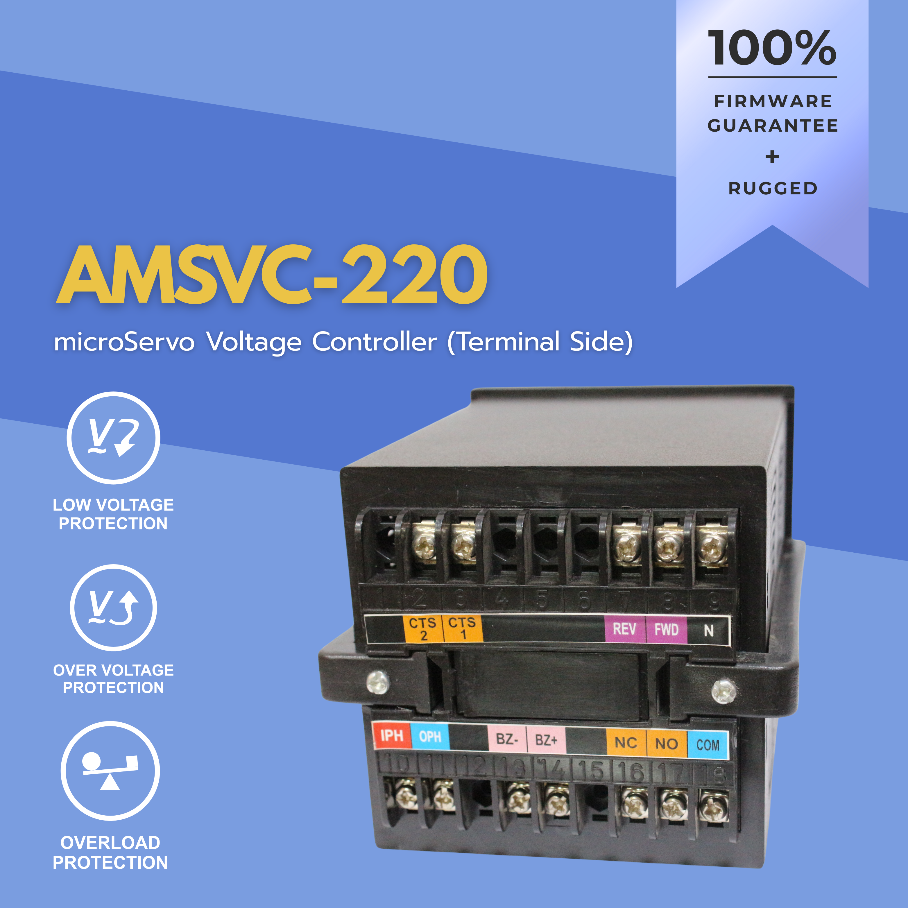 microServo Voltage Controller AMSVC-220 on a blue background with features highlighted.