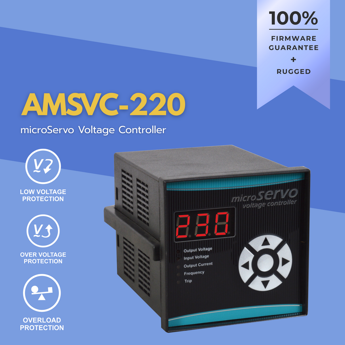 microServo Voltage Controller AMSVC-220 with branding and product details.
