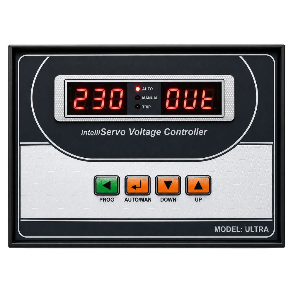 Angled view of PEQVI IntelliServo ULTRA servo voltage controller featuring dual display and navigation buttons