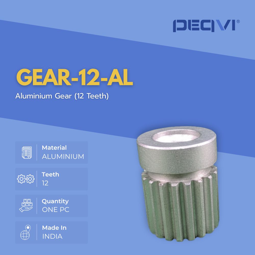 Aluminium gear with 12 teeth on a blue background, featuring the brand 'PEQVI'.