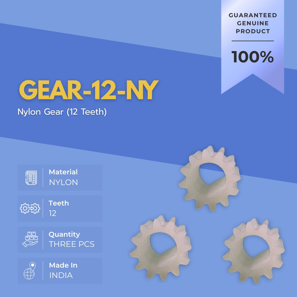Nylon gear with 12 teeth on a blue background, featuring product details.