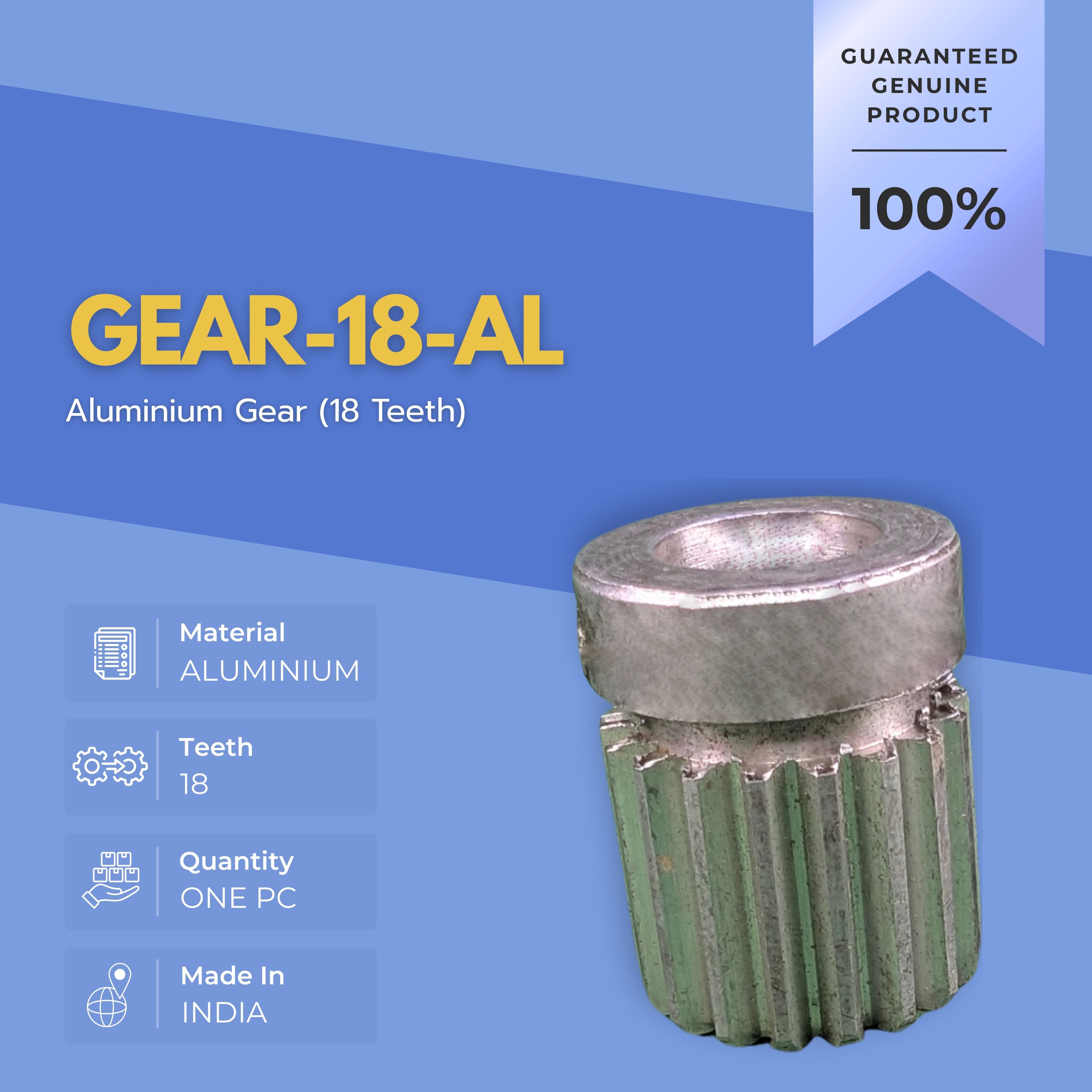 Aluminium gear with specifications on a blue background