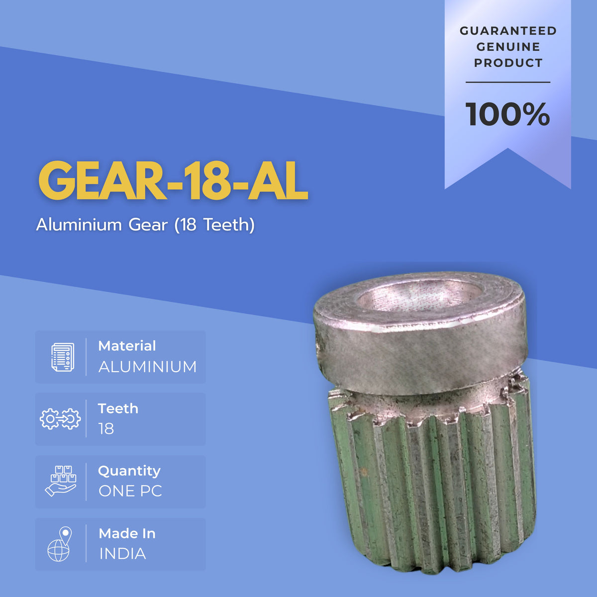 Aluminium gear with specifications on a blue background