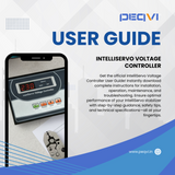 Promotional image for PEQVI Intelliservo Voltage Controller User Guide with smartphone displaying controller on screen.