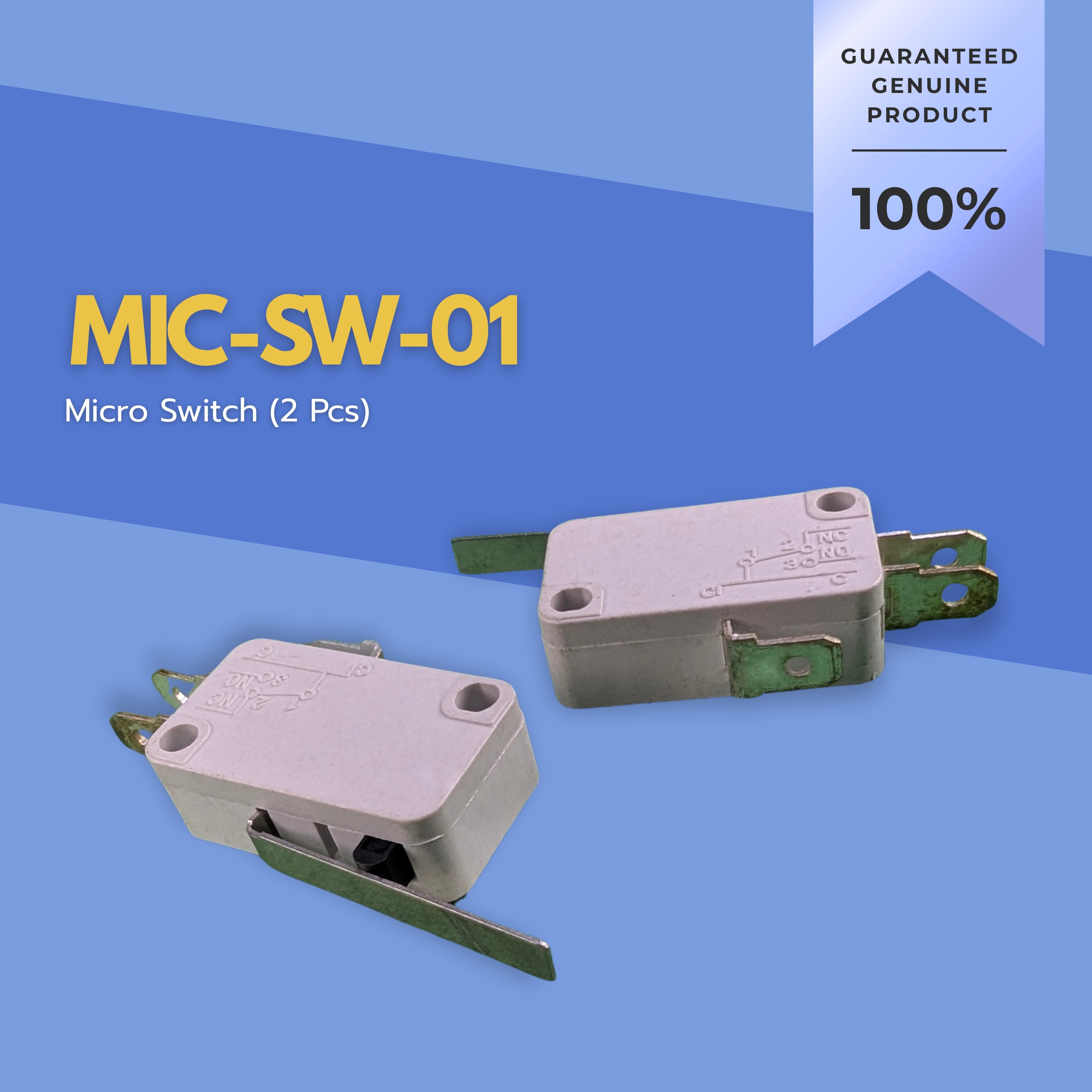 Two micro switches on a blue background with text indicating guaranteed product authenticity.