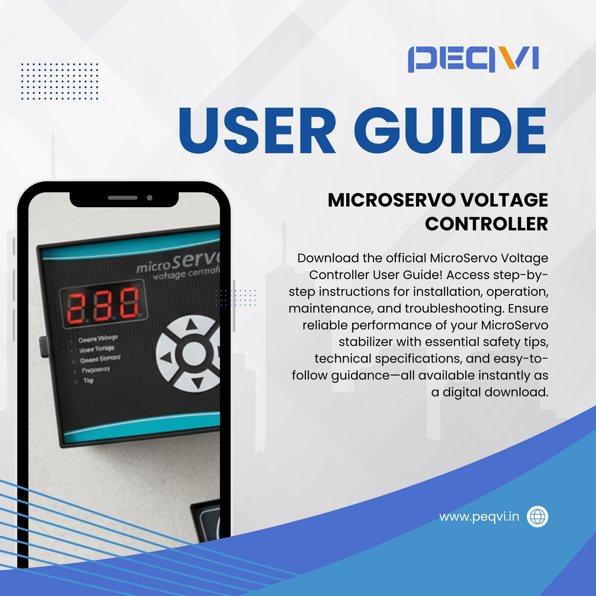 Promotional image for PEQVI Microservo Voltage Controller User Guide with smartphone displaying controller interface.