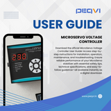 Promotional image for PEQVI Microservo Voltage Controller User Guide with smartphone displaying controller interface.