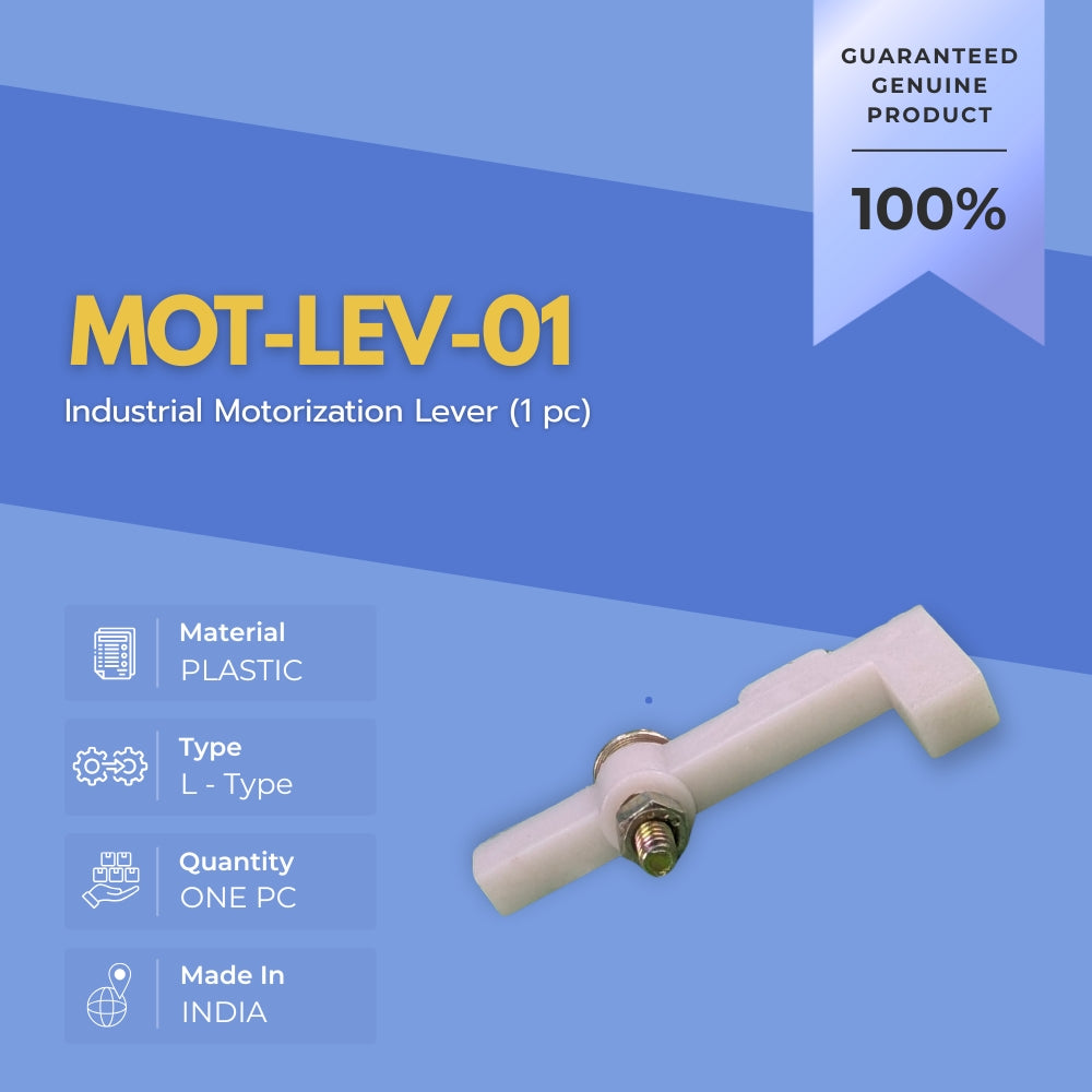MOT-LEVER industrial motorization lever on a blue background with product details.