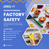Advertisement for PEQVI electrical inspection services with text and images of a hand testing electrical equipment and Diwali decorations.