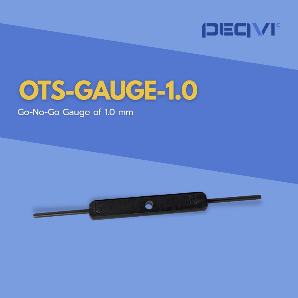 A go-no-go gauge for 1.0 mm, labeled as OTS-GAUGE-1.0, shown against a blue background with the brand name PIEQVI.